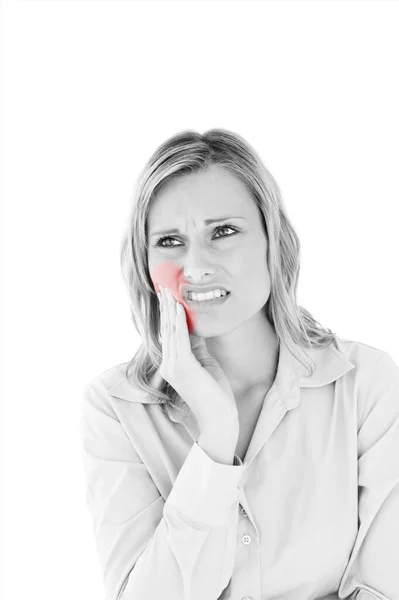 Przygnębiona Bizneswoman Bólem Zęba Białym Tle — Zdjęcie stockowe