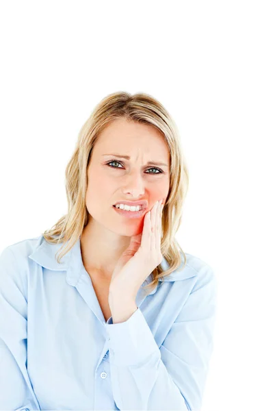 Dejected Businesswoman Toothache Isolated White Background — Stock Photo, Image