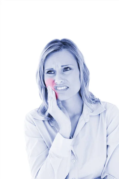 Smutna Bizneswoman Bólem Zęba Białym Tle — Zdjęcie stockowe