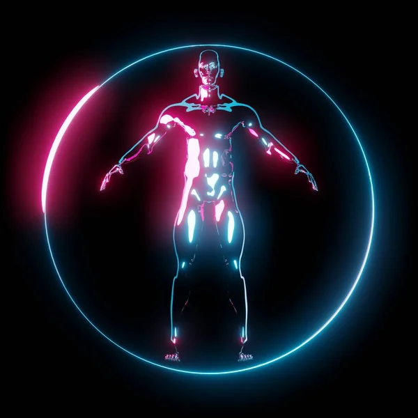 Neon Luz Vitruviano Homem Círculo Quadro — Fotografia de Stock