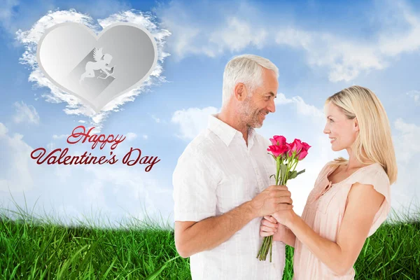 Composite Image Affectionate Man Offering His Partner Roses — Stock Photo, Image