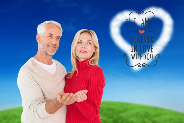 Composite Image Happy Couple Holding Hands Out — Stock Photo, Image