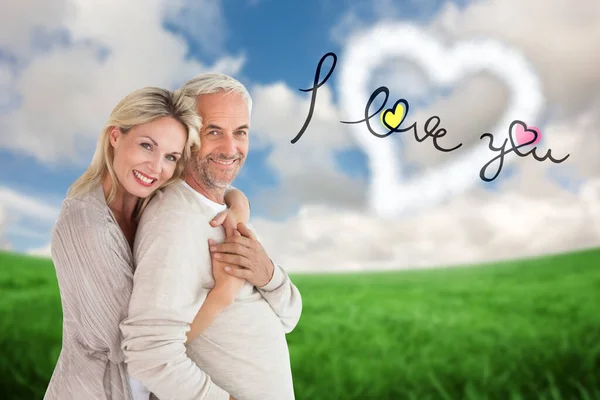 Composite Image Happy Couple Standing Hugging — Stock Photo, Image