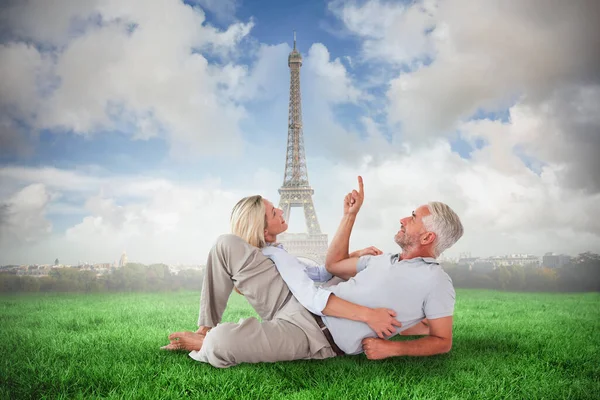 Composite Image Smiling Couple Lying Looking — Stock Photo, Image