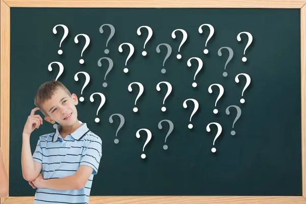 Composite Image Schoolchild Who Wondering Questions — Stock Photo, Image
