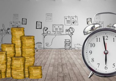 Parası ve saati olan bir ofis çiz.