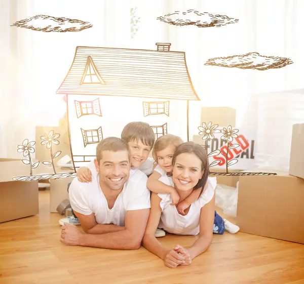 Kompozitní Obraz Šťastné Rodiny Koupi Nového Domu — Stock fotografie