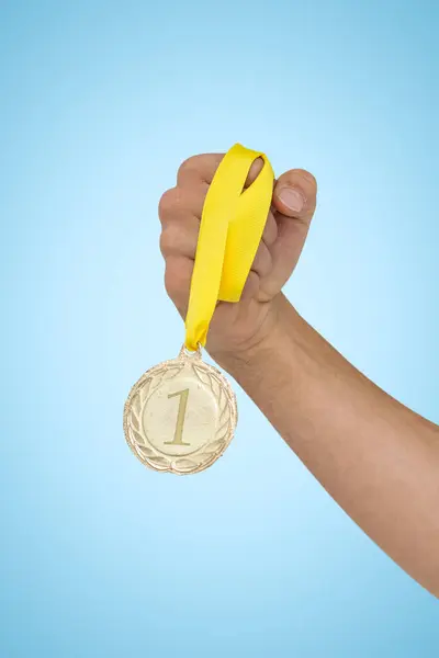 Composite Image Athlete Holding Gold Medal Victory — Stock Photo, Image