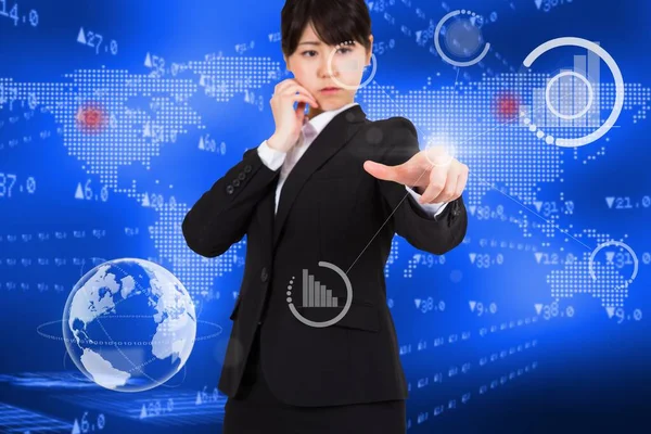 Businesswoman Pointing Business Hologram — Stock Photo, Image