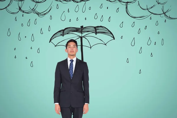 Mladý Podnikatel Kresleným Deštníkem Deštěm — Stock fotografie