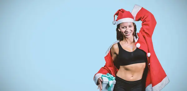 Composite Image Portrait Happy Athlete Hand Head Holding Christmas Gift — Stock Photo, Image