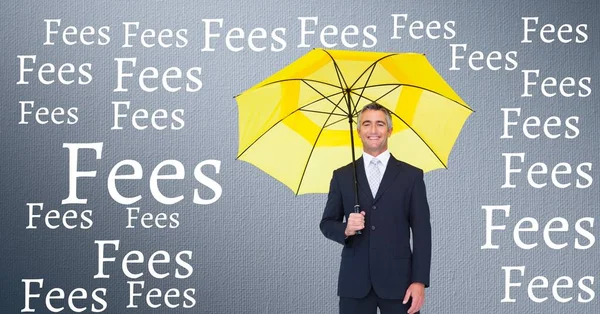 Hombre Negocios Sonriente Con Paraguas Amarillo Sobre Fondo Gris —  Fotos de Stock