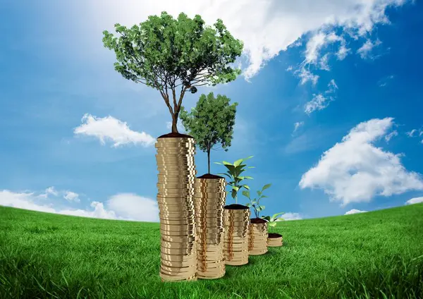 3 d rendering. money and coins on a tree background.