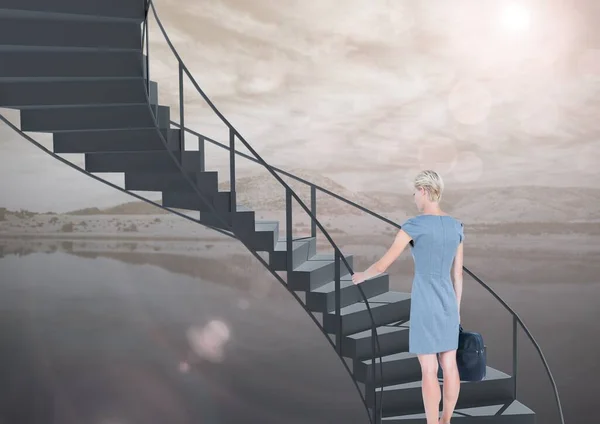 Businesswoman using stairs, business concept background