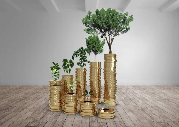 Coins and trees, digitally generated image