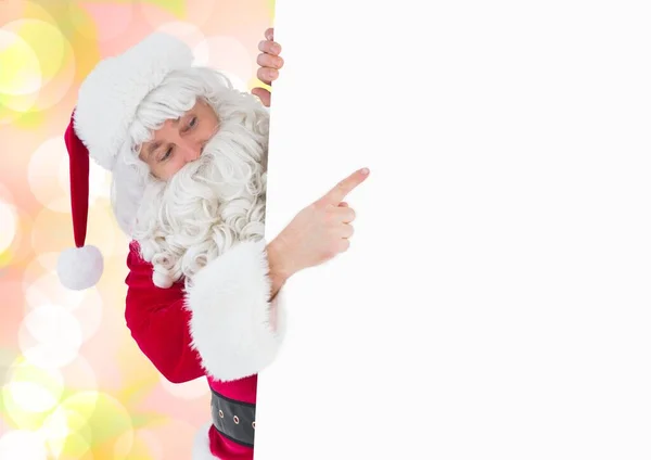 Weihnachtsmann Zeigt Leere Karte Vor Buntem Hintergrund — Stockfoto
