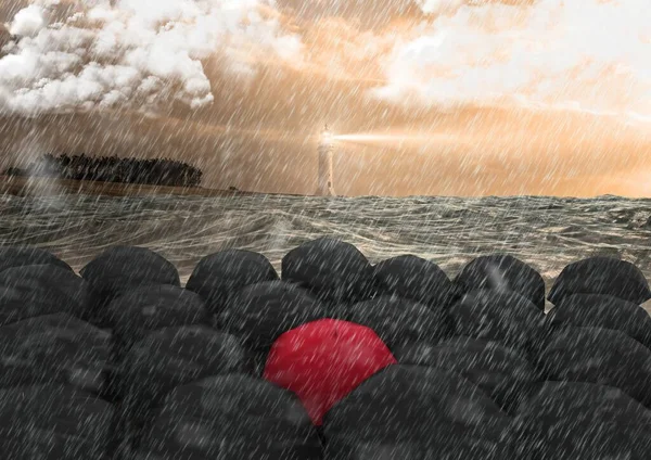 Paraguas Negro Rojo Sobre Fondo Del Océano — Foto de Stock