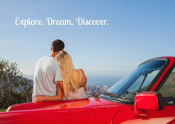 Text Picture Couple Sitting Car — Stock Photo, Image