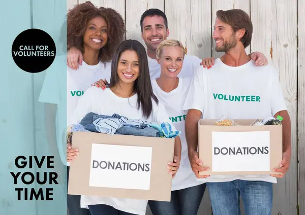 Digitaler Verbund Von Freiwilligen Die Spendenboxen Tragen — Stockfoto