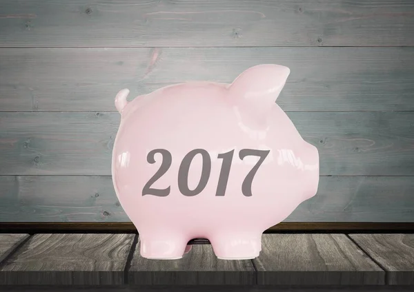 2017 Piggybank Contra Fondo Madera —  Fotos de Stock