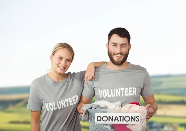 Digital composite of volunteers carrying donation boxes