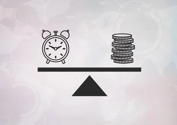 Balança Com Relógio Moedas — Fotografia de Stock