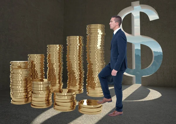 Businessman using stairs made with coins
