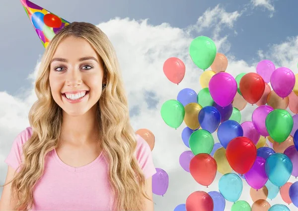 Blond Woman Smiling Balloons — Stock Photo, Image