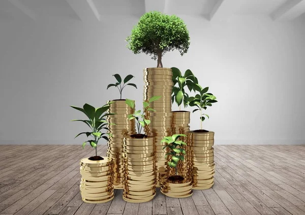 Digital composite of coins and trees