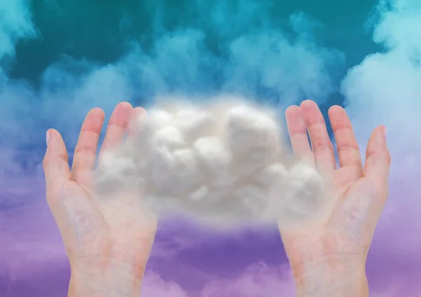 Composto Digital Mãos Segurando Nuvem — Fotografia de Stock
