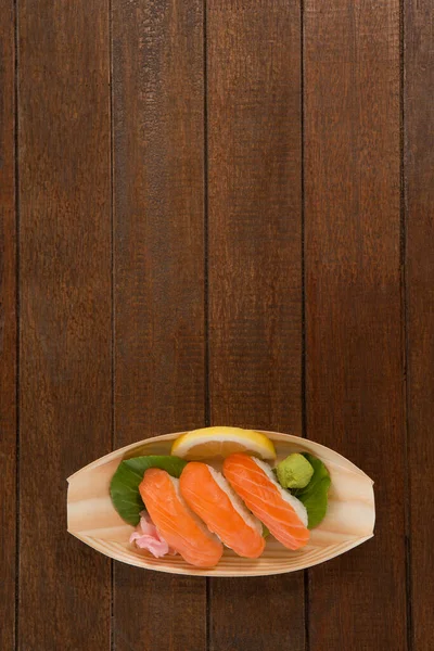 Three Nigiri Sushi Served Wooden Boat Plate — Stock Photo, Image