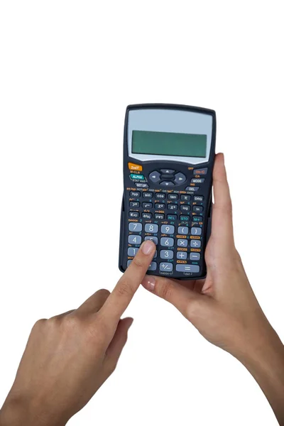 Ręka Businesswoman Pomocą Kalkulatora Białym Tle — Zdjęcie stockowe