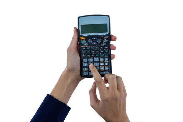 Mano Mujer Negocios Usando Calculadora Aislada Sobre Fondo Blanco —  Fotos de Stock