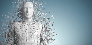Pikselleştirilmiş gri 3D adamın birleşik görüntüsü