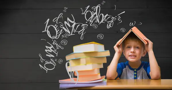 Schoolboy Holding Book Head Letters Flying Background — Stock Photo, Image