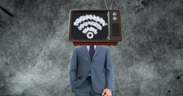 Fernseher Auf Dem Kopf Des Geschäftsmannes Mit Wifi Zeichen — Stockfoto