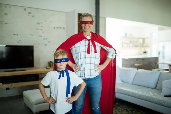 Portrait Mother Son Pretending Superhero Living Room — Stock Photo, Image