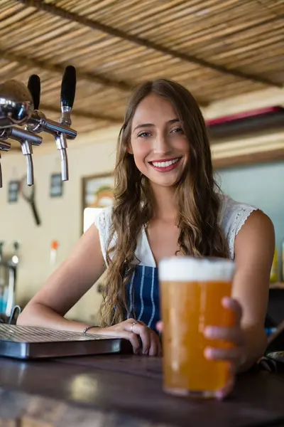 Retrato Empregada Sorridente Segurando Copo Cerveja — Fotografia de Stock