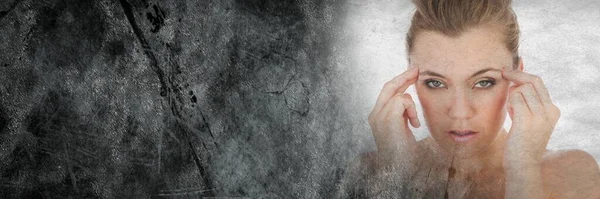 Frustrated Woman Fingers Temples Grey Grunge Background — Stock Photo, Image