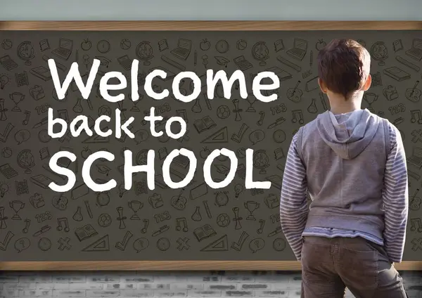 Boy Standing Welcome Back School Education Graphics Blackboard — Stock Photo, Image