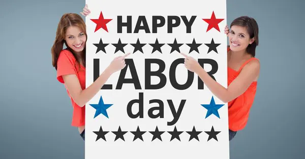 happy women holding a Labor Day card against blue background