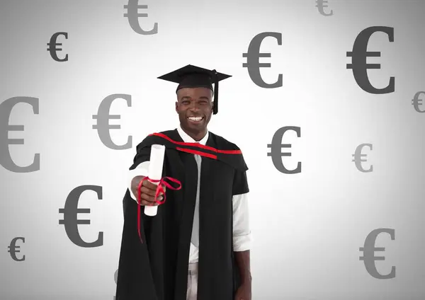 Avrupa Para Birimi Simgeleriyle Erkek Mezun Öğrenci — Stok fotoğraf