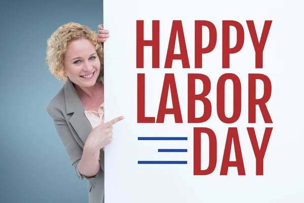 Businesswoman Holding Labor Day Card Blue Background — Stock Photo, Image