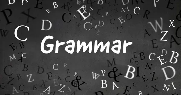 Grammar text surrounded by floating letters on blackboard