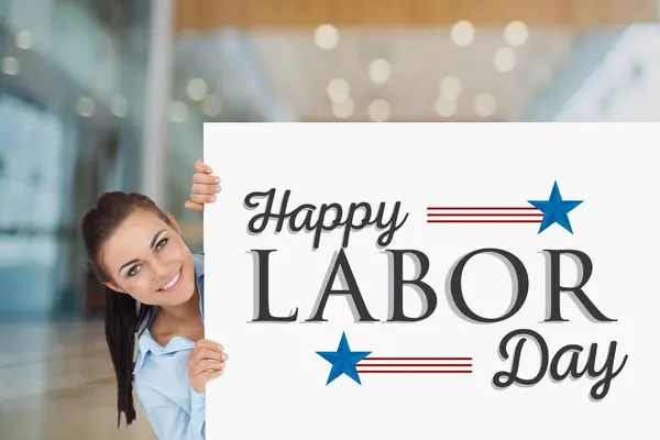 Woman Holding Labor Day Card — Stock Photo, Image