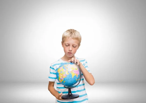 Boy Holding World Globe Grey Background — Stock fotografie