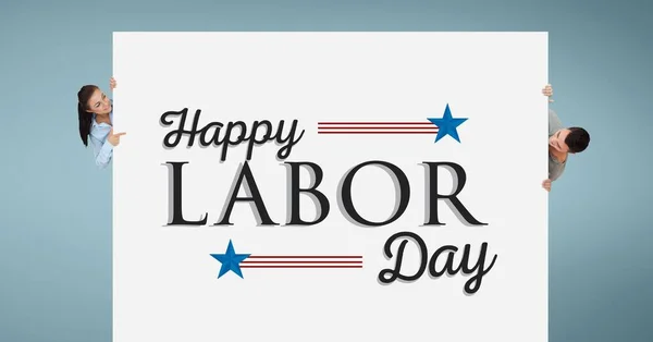 Woman Man Holding Labor Day Card Blue Background — Stock Photo, Image
