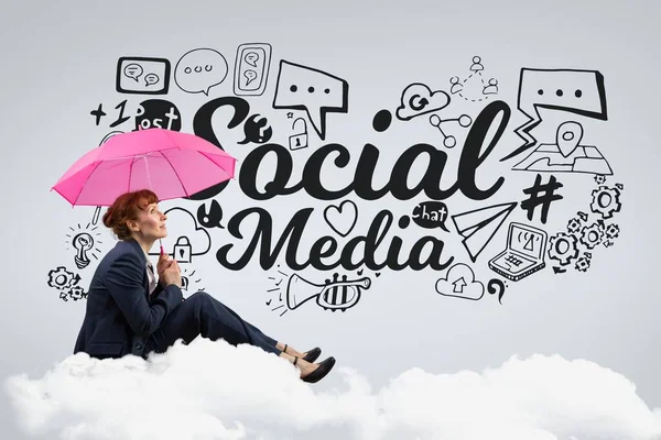 Zakelijke Vrouw Met Een Paraplu Zittend Een Wolk Social Media — Stockfoto