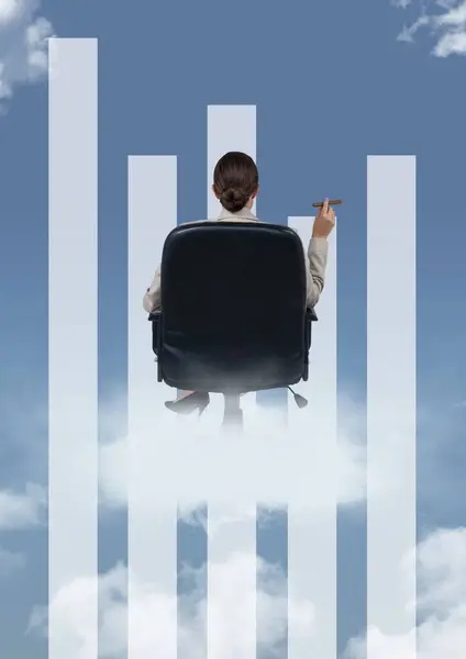 Woman sitting on a chair on a cloud with infographics