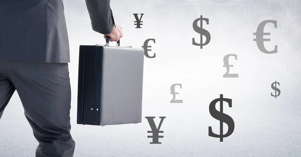 Businessman holding briefcase with Mixed Currency icons